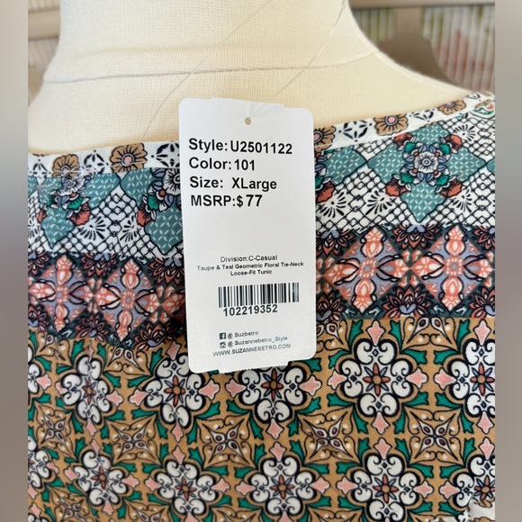 NWT | Suzanne Betro Taupe and Teal Geometric floral tie-neck loose fit tunic - Picture 6 of 9